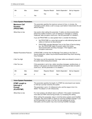 Page 25913. Setting Up the System
Implementation and Service Manual  System Setup Parameters List13-91
 
 Min
 
—
 Max
 
—
 Default
 
Yes
 Requires Restart
 Yes
 Switch-Dependent
 Yes
 Set by Integrator
 No
 
  Voice System Parameters
 
Maximum Call
Duration
(PROGTIME)  This parameter specifies the maximum amount of time, in minutes, the
messaging system allows a call to occupy a port before it disconnects the call
without warning.
 
 When/How to Use Use caution when setting this parameter. If callers are...