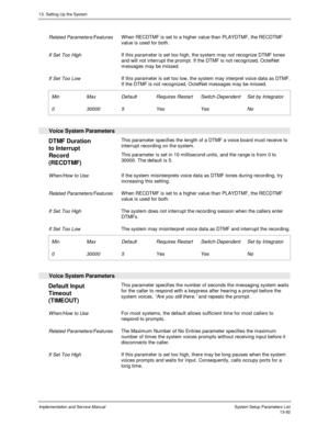 Page 26013. Setting Up the System
Implementation and Service Manual  System Setup Parameters List13-92
Related Parameters/FeaturesW hen RECDTMF is set to a higher value than PLAYDTMF, the RECDTMF
value is used for both.
If Set Too HighIf this parameter is set too high, the system may not recognize DTMF tones
and will not interrupt the prompt. If the DTMF is not recognized, OctelNet
messages may be missed.
If Set Too LowIf this parameter is set too low, the system may interpret voice data as DTMF.
If the DTMF is...