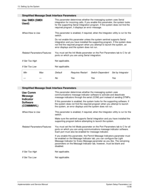 Page 26313. Setting Up the System
Implementation and Service Manual  System Setup Parameters List13-95
Simplified Message Desk Interface Parameters
Use SMDI (SMDI
Used)This parameter determines whether the messaging system uses Serial
integration for incoming calls. If you enable this parameter, the system looks
for the supporting Serial Integration program. If the system does not find the
required program, it displays an error message.
When/How to UseThis parameter is enabled, if required, when the Integrator...