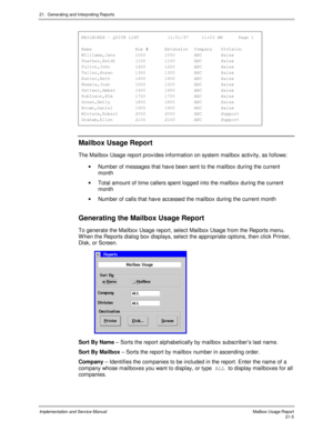 Page 47521.  Generating and Interpreting Reports
Implementation and Service Manual  Mailbox Us age Report21-5
 0$,/%2;(6r48,&./,67  $0 3DJH
 
 1DPH %R[ ([WHQVLRQ &RPSDQ\ LYLVLRQ
 :LOOLDPV-DQH   $%& 6DOHV
 )HDWKHU+HLGL   $%& 6DOHV
 )XOWRQ-RKQ   $%& 6DOHV
 7HOOHU6XVDQ   $%& 6DOHV
 +XQWHU%HWK   $%& 6DOHV
 .HVVOH-RDQ   $%& 6DOHV
 3DWWVHU$PEHU   $%& 6DOHV
 5RELQVRQ.LP   $%& 6DOHV
 *UHHQ(PLO\   $%& 6DOHV...