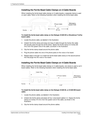 Page 525. Preparing the Hardware
Implementation and Service ManualIns talling Ferrite Bead Cable Clamps5-10
Installing the Ferrite Bead Cable Clamps on 2-Cable Boards
W hen installing the ferrite bead cable clamps on 2-cable boards, a separate clamp is used
on each cable. Refer to the following illustration when installing the ferrite bead cable.
To install the ferrite bead cable clamp on the Dialogic D/42D-SX or Brooktrout TruFax
board cable:
1.   Locate the phone cable, as labeled in the illustration.
2....