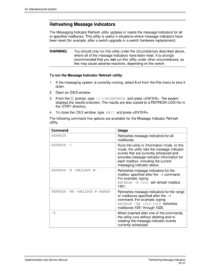 Page 51923. Maintaining the System
Implementation and Service ManualRefreshing Message Indicators23-21
Refreshing Message Indicators
The Messaging Indicator Refresh utility updates or resets the message indicators for all
or specified mailboxes. This utility is useful in situations where message indicators have
been reset (for example, after a switch upgrade or a switch hardware replacement).
WARNING:You should only run this utility under the circumstances described above,
where all of the message indicators...