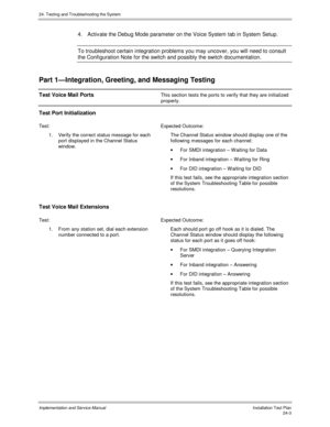 Page 53124. Testing and Troubleshooting the System
Implementation and Service Manual  Installation Test Plan24-3
4.  Activ ate the Debug Mode parameter on the Voice System tab in System Setup.
To troubleshoot certain integration problems you may uncov er, you will need to consult
the Configuration Note for the switch and possibly the switch documentation.
Part 1—Integration, Greeting, and Messaging Testing
Test Voice Mail PortsThis section tests the ports to verify that they are initialized
properly.
Test Port...