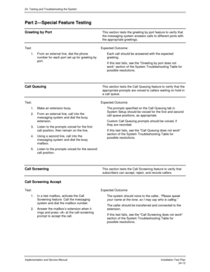 Page 54024. Testing and Troubleshooting the System
Implementation and Service Manual  Installation Test Plan24-12
Part 2—Special Feature Testing
Greeting by PortThis section tests the greeting by port feature to verify that
the messaging system answers calls to different ports with
the appropriate greetings.
Test: Expected Outcome:
1.  From an external line, dial the phone
number for each port set up for greeting by
port.Each call should be answered with the expected
greeting.
If this test fails, see the...