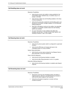 Page 55124. Testing and Troubleshooting the System
Implementation and Service Manual  System Troubleshooting Table24-23
Call Handling does not work
Resolution Possibilities:
·  Verify that the correct call condition is being satisfied for the
Call Handling option selected: busy, no-answer, busy or no-
answer, or all calls.
·  Verify that the mailbox has Call Handling enabled on the Class
of Service dialog box.
·  Verify that the subscriber enabled the Call Handling option over
the phone or the system manager...