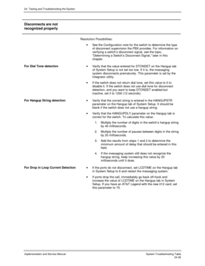 Page 55424. Testing and Troubleshooting the System
Implementation and Service Manual  System Troubleshooting Table24-26
Disconnects are not
recognized properly
Resolution Possibilities:
·  See the Configuration note for the switch to determine the type
of disconnect supervision the PBX provides. For information on
verifying a switch’s disconnect signal, see the topic,
Determining a Switch’s Disconnect Signal, later in this
chapter.
For Dial Tone detection
·  Verify that the value entered for DTONDET on the...