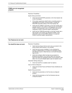 Page 55624. Testing and Troubleshooting the System
Implementation and Service Manual  System Troubleshooting Table24-28
DTMFs are not recognized
properly
Resolution Possibilities:
System Setup parameters:
·  Verify that the PLAYDTMF parameter on the Voice System tab
is set to the default.
·  If the system experiences talkoff (when a recording session is
interrupted by the system voicing prompts), increase the
RECDTMF parameter setting on the Voice System tab.
·  Verify that the TONEDLY parameter on the Call...