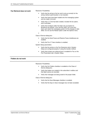 Page 55724. Testing and Troubleshooting the System
Implementation and Service Manual  System Troubleshooting Table24-29
Fax Retrieval does not workResolution Possibilities:
·  Verify that the wiring to the fax card is set up correctly for the
wiring method used (transfer or non-transfer).
·  Verify that faxes have been loaded onto the messaging system
and are ready to be sent.
·  Verify that a V-Tree has been created, includes the fax option,
and is activated.
·  Verify that Configure utility has been set up...