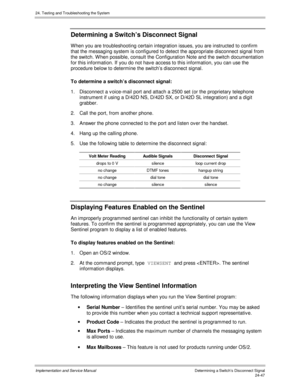 Page 57524. Testing and Troubleshooting the System
Implementation and Service Manual  Determining a Switch’s Disconnect Signal24-47
Determining a Switch’s Disconnect Signal
W hen you are troubleshooting certain integration issues, you are instructed to confirm
that the messaging system is configured to detect the appropriate disconnect signal from
the switch. W hen possible, consult the Configuration Note and the switch documentation
for this information. If you do not hav e access to this information, you can...