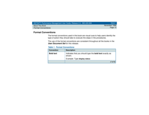 Page 13DEFINITY Performance Management User Guide, Release 2.0, 585-229-808
About This BookFormat Conventions
Issue 1
November 1998
Page 13
Format Conventions
The format conventions used in this book are visual cues to help users identify the 
type of action they should take to execute the steps in the procedures.
The use of the format conventions are consistent throughout all the books in the User Document Set
 for this release.
Table 1. Format ConventionsConvention
Description
Bold textIndicates that you...