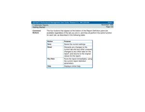 Page 123DEFINITY Performance Management User Guide, Release 2.0, 585-229-808
7Administer ReportsGetting Started
Issue 1
November 1998
Page 123
Command 
Buttons
The four buttons that appear at the bottom of the Report Definition pane are 
available regardless of the tab you are in, and they all perform the same function 
for each tab, as described in the following table:Button Purpose
Save
Saves the current settings.
Reset
Discards any changes to the 
current tab and any other unsaved 
changes to any other tabs...