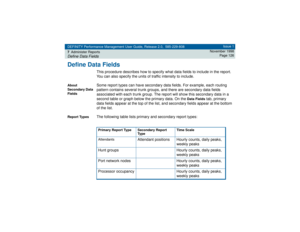 Page 126DEFINITY Performance Management User Guide, Release 2.0, 585-229-808
7Administer ReportsDefine Data Fields
Issue 1
November 1998
Page 126
Define Data Fields
This procedure describes how to specify what data fields to include in the report. 
You can also specify the units of traffic intensity to include.
About 
Secondary Data 
Fields
Some report types can have secondary data fields. For example, each routing 
pattern contains several trunk groups, and there are secondary data fields 
associated with each...