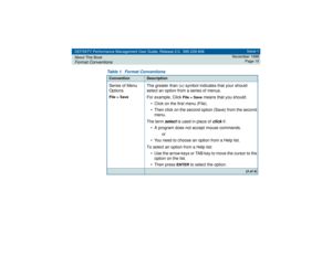 Page 15DEFINITY Performance Management User Guide, Release 2.0, 585-229-808
About This BookFormat Conventions
Issue 1
November 1998
Page 15
Series of Menu 
OptionsFile > Save
The greater than (>) symbol indicates that your should 
select an option from a series of menus. 
For example, Click 
File > Save
 means that you should:
• Click on the first menu (File). 
• Then click on the second option (Save) from the second 
menu.
The term 
select
 is used in place of 
click
 if: 
• A program does not accept mouse...