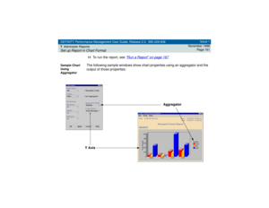 Page 161DEFINITY Performance Management User Guide, Release 2.0, 585-229-808
7Administer ReportsSet up Report in Chart Format
Issue 1
November 1998
Page 161
11
To run the report, see 
Run a Report
 on page 167
.
Sample Chart 
Using 
Aggregator
The following sample windows show chart properties using an aggregator and the 
output of those properties:
Aggregator
Y Axis 