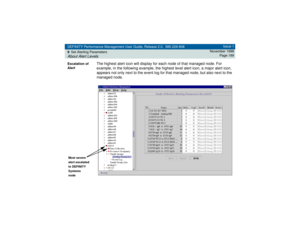 Page 189DEFINITY Performance Management User Guide, Release 2.0, 585-229-808
9Set Alerting ParametersAbout Alert Levels
Issue 1
November 1998
Page 189
Escalation of 
Alert
The highest alert icon will display for each node of that managed node. For 
example, in the following example, the highest level alert icon, a major alert icon, 
appears not only next to the event log for that managed node, but also next to the 
managed node.
 
 
Most severe
alert escalated
to DEFINITY
Systems
node 