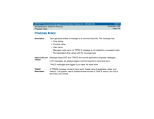 Page 206DEFINITY Performance Management User Guide, Release 2.0, 585-229-808
10Maintenance and Error RecoveryProcess Trace
Issue 1
November 1998
Page 206
Process TraceDescription
Each pprocess writes a message to a common trace file. The message has:
•Time stamp
• Process name
• User name
• Managed node name (or “DPM” if message is not related to a managed node)
• Text description that varies with the message type
About LOG and 
TRACE
Message types LOG and TRACE are normal application progress messages. 
LOG...