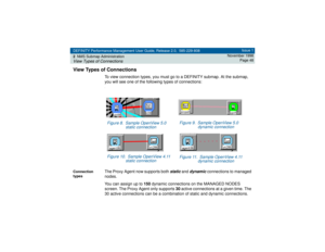 Page 48DEFINITY Performance Management User Guide, Release 2.0, 585-229-808
2NMS Submap AdministrationView Types of Connections
Issue 1
November 1998
Page 48
View Types of Connections
To view connection types, you must go to a DEFINITY submap. At the submap, 
you will see one of the following types of connections:.
Connection 
types
The Proxy Agent now supports both 
static
 and 
dynamic 
connections to managed 
nodes.
You can assign up to 150 dynamic connections on the MANAGED NODES 
screen. The Proxy Agent...