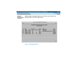 Page 58DEFINITY Performance Management User Guide, Release 2.0, 585-229-808
2NMS Submap AdministrationVerify Static Connection Status
Issue 1
November 1998
Page 58
Example: 
Managed Node 
List screen
When you open a managed node list, you will see a screen similar to the 
Managed Node List for Proxy Agent below. Figure 13. Managed Node List 