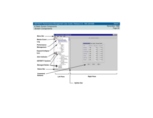 Page 85DEFINITY Performance Management User Guide, Release 2.0, 585-229-808
5Basic Screen ComponentsScreen Components
Issue 1
November 1998
Page 85
.
 
Menu Bar
Master Event
LogPerformance
Management
Expand/Collapse
IconAlert Indicator
DEFINITY SystemsManaged NodesStatus BarCommand 
Buttons
Left PaneRight Pane
Splitter Bar 