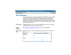 Page 95DEFINITY Performance Management User Guide, Release 2.0, 585-229-808
5Basic Screen ComponentsAlert Indicators
Issue 1
November 1998
Page 95
Alert Indicators
Alert indicators are visual cues of any problems in the DEFINITY system. Alerting 
is also used by the NMS to indicate any problems associated with a specific 
managed node. There are different levels of alerts that have corresponding 
warnings, as indicated by the shape and color of the alert indicator. You can tell at 
a glance by looking at the...