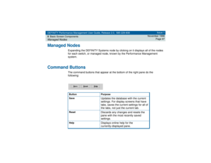 Page 97DEFINITY Performance Management User Guide, Release 2.0, 585-229-808
5Basic Screen ComponentsManaged Nodes
Issue 1
November 1998
Page 97
Managed Nodes
Expanding the DEFINITY Systems node by clicking on it displays all of the nodes 
for each switch, or managed node, known by the Performance Management 
system.
Command Buttons
The command buttons that appear at the bottom of the right pane do the 
following:Button Purpose
Save
Updates the database with the current 
settings. For display screens that have...