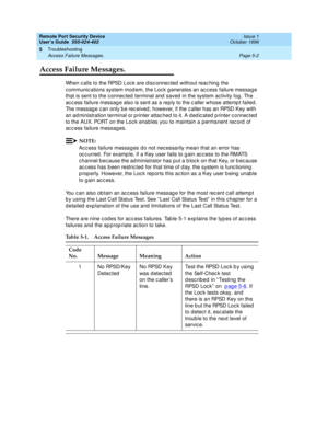 Page 140Remote Port Security Device
User’s Guide  555-024-402  Issue 1
October 1996
Troubleshooting 
Page 5-2 Access Failure Messages. 
5
Access Failure Messages.
When calls to the RPSD Lock are disconnected without reaching the 
communications system modem, the Lock generates an access failure message 
that is sent to the connected terminal and saved in the system activity log. The 
access failure message also is sent as a reply to the caller whose attempt failed. 
The message can only be received, however, if...