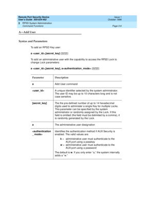 Page 66Remote Port Security Device
User’s Guide  555-024-402  Issue 1
October 1996
RPSD System Administration 
Page 3-6 Command Functions 
3
A—Add User
Syntax and Parameters
To add an RPSD Key user:
a ,[secret_key] 
To add an administrative user with the capability to access the RPSD Lock to 
change Lock parameters:
a ,[secret_key], a 
Parameter Description
aAdd User command
A unique identifier selected by the system administrator. 
The user ID may be up to 10 characters long and is not 
case sensitive....