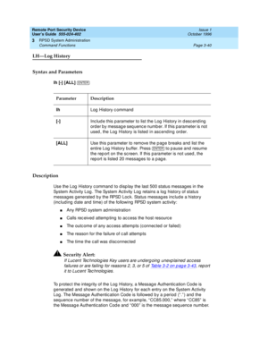 Page 100Remote Port Security Device
User’s Guide  555-024-402  Issue 1
October 1996
RPSD System Administration 
Page 3-40 Command Functions 
3
LH—Log History
Syntax and Parameters
lh [-] [ALL] 
Description
Use the Log History command to display the last 500 status messages in the 
System Activity Log. The System Activity Log retains a log history of status 
messages generated by the RPSD Lock. Status messages include a history 
(including date and time) of the following RPSD system activity:
nAny RPSD system...