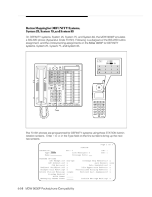 Page 1016-10
              
   MDW 9030P Pocketphone Compatibility
2ABC13DEF
5JKL4GHI6MNO
8TUV7PRS9WYZ
0Oper*#
SpeakerphoneVolumeMicrophoneHFAI Conference Set
Fwd StartTimer
Rev Stop
Exit Contrast Time/
Timer
Hold/
Pause Transfer
MessageRecall
BIS-34D
B
C
1
23 A
8
4
5
6
7
D
AB23 4 6 5MSG212 555 1212
ON78
CD1
TransTalk
On/OffFeat/P
ConfGHIPQRS
OPERTrans
HoldRedial
12
4JKL ABC3DEF5MNO6TUV8
0WXYZ9 7
Mute
ON
Drop
The 7315H phones are programmed for DEFINITY systems using three STATION Admin-
istration screens....