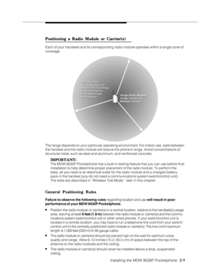 Page 21Installing the MDW 9030P Pocketphone
          
  2-9
Positioning a Radio Module or Carrier(s) Positioning a Radio Module or Carrier(s)Positioning a Radio Module or Carrier(s) Positioning a Radio Module or Carrier(s)
Positioning a Radio Module or Carrier(s)
Each of your handsets and its corresponding radio module operates within a single zone of
coverage:
Single Radio Module,
Single Carrier, or
Multiple CarriersPOWERRADIOPA S SSingle Radio Module,
Single Carrier, or
Multiple Carriers Approximately
500 to...