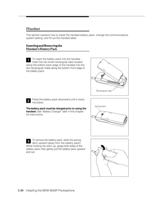 Page 422-30
              
   Installing the MDW 9030P Pocketphone
Handset
This section explains how to install the handset battery pack, change the communications
system setting, and fill out the handset label.
Inserting and Removing the Inserting and Removing theInserting and Removing the Inserting and Removing the
Inserting and Removing the
Handset’s Battery Pack Handset’s Battery PackHandset’s Battery Pack Handset’s Battery Pack
Handset’s Battery Pack
1
2
To insert the battery pack into the handset,
insert...