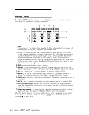 Page 523-4   Using the MDW 9030P Pocketphone
Handset Display Handset DisplayHandset Display Handset Display
Handset Display
The MDW 9030P Pocketphone display has one 16-alphanumeric-character line, and four
lines of icons to provide you with status information.
Note: Note:Note: Note:
Note:
This illustration is intended to show you what all of the indicators look like, but you will
never see all of the line status indicators illuminated at once.
1This line of the display gives you the information you would see...