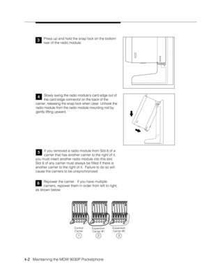 Page 724-2   Maintaining the MDW 9030P Pocketphone
3Press up and hold the snap lock on the bottom
rear of the radio module.
4Slowly swing the radio modules card edge out of
the card edge connector on the back of the
carrier, releasing the snap lock when clear. Unhook the
radio module from the radio module mounting rod by
gently lifting upward.
If you removed a radio module from Slot 6 of a
carrier that has another carrier to the right of it,
you must insert another radio module into this slot.
Slot 6 of any...