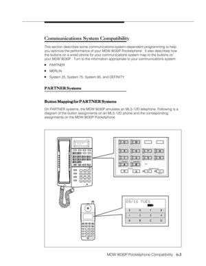 Page 94MDW 9030P Pocketphone Compatibility
              
   6-3
Communications System Compatibility
This section describes some communications-system-dependent programming to help
you optimize the performance of your MDW 9030P Pocketphone.  It also describes how
the buttons on a wired phone for your communications system map to the buttons on
your MDW 9030P.  Turn to the information appropriate to your communications system:
nPARTNER
nMERLIN
nSystem 25, System 75, System 85, and DEFINITY
PARTNER Systems...