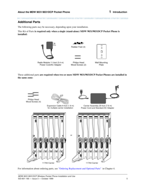 Page 12About the MDW 9031/9031DCP Pocket Phone 
5
MDW 9031/9031DCP Wireless Pocket Phone Installation and Use
503-801-166— Issue 3 — October 1999  
1  Introduction
Additional Parts
The following parts may be necessary, depending upon your installation. 
This Kit of Parts is required only when a single (stand-alone) MDW 9031/9031DCP Pocket Phone is 
installed:
These additional parts are required when two or more MDW 9031/9031DCP Pocket Phones are installed in 
the same zone:
For information about ordering parts,...