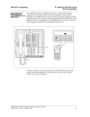 Page 134MDW 9031 Compatibility 
127
MDW 9031/9031DCP Wireless Pocket Phone Installation and Use
503-801-166— Issue 3 — October 1999  
6  MDW 9031/9031DCP Pocket
Phone Compatibility
Button Mapping for 
MERLIN Systems 
except MERLIN 410 and 
MERLIN 820On all MERLIN Systems, the MDW 9031 emulates a Model BIS-22D phone 
(Apparatus Code 7315H). The BIS-22D button assignments, however, differ 
depending on the MERLIN System used. The following diagram illustrates the BIS-
22D button assignments and the corresponding...