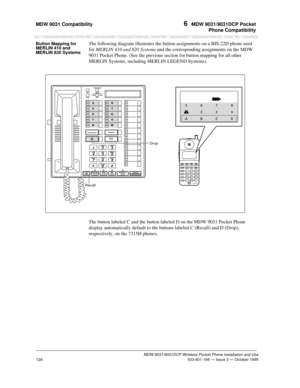 Page 135MDW 9031 Compatibility 6  MDW 9031/9031DCP Pocket
Phone Compatibility
MDW 9031/9031DCP Wireless Pocket Phone Installation and Use
 503-801-166 — Issue 3 — October 1999
128
Button Mapping for 
MERLIN 410 and 
MERLIN 820 SystemsThe following diagram illustrates the button assignments on a BIS-22D phone used 
for MERLIN 410 and 820 Systems and the corresponding assignments on the MDW 
9031 Pocket Phone. (See the previous section for button mapping for all other 
MERLIN Systems, including MERLIN LEGEND...