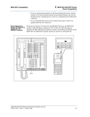 Page 138MDW 9031 Compatibility 
131
MDW 9031/9031DCP Wireless Pocket Phone Installation and Use
503-801-166— Issue 3 — October 1999  
6  MDW 9031/9031DCP Pocket
Phone Compatibility
~If you are programming numbers for the Station Speed Dial feature, dial the 
numbers to be stored and then dial the Personal Speed Dialing code (#20 
through #39), including the #. Listen for a confirmation tone followed by 
a dial tone.
~It is recommended that you do not use features that require visuals to be 
updated while the set...