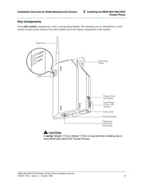 Page 20Installation Overview for Radio Modules and Carriers 
13
MDW 9031/9031DCP Wireless Pocket Phone Installation and Use
503-801-166— Issue 3 — October 1999  
2  Installing the MDW 9031/9031DCP
Pocket Phone
Key Components
Each radio module communicates with a corresponding handset. The matching sets are identified by a serial 
number located on the bottom of the radio module and in the battery compartment of the handset.
!CAUTION:
A carrier (Model 117A3 or Model 117A4) is required when installing two or...
