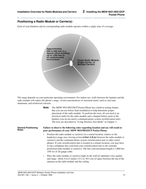 Page 22Installation Overview for Radio Modules and Carriers 
15
MDW 9031/9031DCP Wireless Pocket Phone Installation and Use
503-801-166— Issue 3 — October 1999  
2  Installing the MDW 9031/9031DCP
Pocket Phone
Positioning a Radio Module or Carrier(s)
Each of your handsets and its corresponding radio module operates within a single zone of coverage:
The range depends on your particular operating environment. For indoor use, walls between the handset and the 
radio module will reduce the phone’s range. Avoid...