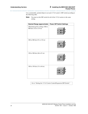 Page 31Understanding Carriers 2  Installing the MDW 9031/9031DCP
Pocket Phone
MDW 9031/9031DCP Wireless Pocket Phone Installation and Use
 503-801-166 — Issue 3 — October 1999
24
Use a nonmetallic, pointed object to set each 117A3 carrier’s DIP switch according to 
the following table.
Note:You must set the DIP switch for all of the 117A3 carriers to the same 
setting.
Desired Range (approximate)Power DIP Switch Settings
(Maximum power setting)–500 to 
900 feet (152 to 274 m)
300 to 500 feet (91 to 152 m)
150...