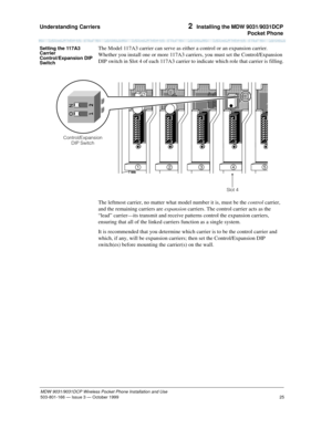 Page 32Understanding Carriers 
25
MDW 9031/9031DCP Wireless Pocket Phone Installation and Use
503-801-166— Issue 3 — October 1999  
2  Installing the MDW 9031/9031DCP
Pocket Phone
Setting the 117A3 
Carrier 
Control/Expansion DIP 
SwitchThe Model 117A3 carrier can serve as either a control or an expansion carrier. 
Whether you install one or more 117A3 carriers, you must set the Control/Expansion 
DIP switch in Slot 4 of each 117A3 carrier to indicate which role that carrier is filling.
The leftmost carrier, no...