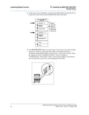 Page 59Installing Multiple Carriers 2  Installing the MDW 9031/9031DCP
Pocket Phone
MDW 9031/9031DCP Wireless Pocket Phone Installation and Use
 503-801-166 — Issue 3 — October 1999
52
3  At this stage of your installation, verify that the LEDs displayed match the first or 
fourth lines of the SYNC and CONTROL/EXP LED Codes label.
4  If an OUT OF SYNC LED is lit, power down, wait at least 15 seconds, and then 
repower the carriers in order from left to right, as described in Step 8 in 
“Installing a Single...