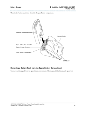 Page 74Battery Charger 
67
MDW 9031/9031DCP Wireless Pocket Phone Installation and Use
503-801-166— Issue 3 — October 1999  
2  Installing the MDW 9031/9031DCP
Pocket Phone
The extended battery pack slides down into the spare battery compartment.
Removing a Battery Pack from the Spare Battery Compartment
To remove a battery pack from the spare battery compartment of the charger, lift the battery pack up and out.
Battery Charger Contacts
Spare Battery CompartmentHandset Cradle
SPARE LED Extended Spare Battery...