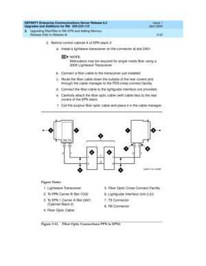 Page 104DEFINITY Enterprise Communications Server Release 8.2
Upgrades and Additions for R8r  555-233-115  Issue 1
April 2000
Upgrading R5si/R6si to R8r EPN and Adding Memory 
3-32 Release 5/6si to Release 8r 
3
2. Behind control cabinet A of EPN stack 2:
a. Install a lig htwave transc eiver on the c onnec tor at slot 2A01.
NOTE:
Attenuators may be required for single mode fiber using a 
300A Lightwave Transc eiver
b . Connec t a fib er c able to the transc eiver just installed .
c . Route the fib er c ab le d...