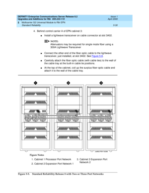 Page 178DEFINITY Enterprise Communications Server Release 8.2
Upgrades and Additions for R8r  555-233-115  Issue 1
April 2000
Multicarrier G2 Universal Module to R8r EPN 
5-30 Standard Reliability 
5
4. Behind control carrier A of EPN c abinet 3:
nInstall a lig htwave transc eiver on c ab le c onnec tor at slot 3A02.
NOTE:
Attenuators may be required for single mode fiber using a 
300A Lightwave Transc eiver
nConnec t the other end  of the fiber op tic  c able to the lig htwave 
transc eiver, just installed , at...