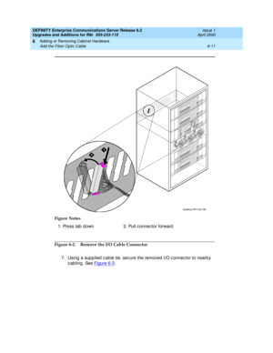 Page 273DEFINITY Enterprise Communications Server Release 8.2
Upgrades and Additions for R8r  555-233-115  Issue 1
April 2000
Adding or Removing Cabinet Hardware 
6-11 Add the Fiber Optic Cable 
6
Figure 6-2. Remove the I/O Cable Connector
7. Using  a sup p lied  c able tie, sec ure the removed  I/O c onnec tor to nearb y 
c ab ling. See Figure 6-3
. Figure Notes
1. Press tab  down 2. Pull c onnec tor forward
lcda8fop RPY 021198
1
2 