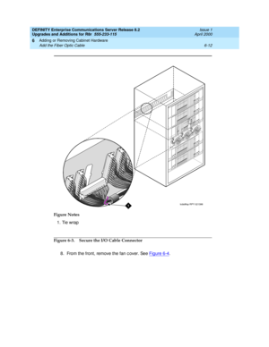 Page 274DEFINITY Enterprise Communications Server Release 8.2
Upgrades and Additions for R8r  555-233-115  Issue 1
April 2000
Adding or Removing Cabinet Hardware 
6-12 Add the Fiber Optic Cable 
6
Figure 6-3. Secure the I/O Cable Connector
8. From the front, remove the fan c over. See Figure 6-4
. Figure Notes
1. Tie wrap
lcda9fop RPY 0213981 