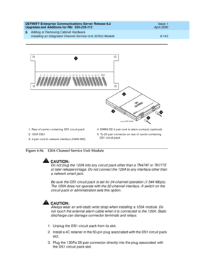 Page 405DEFINITY Enterprise Communications Server Release 8.2
Upgrades and Additions for R8r  555-233-115  Issue 1
April 2000
Adding or Removing Cabinet Hardware 
6-143 Installing an Integrated Channel Service Unit (ICSU) Module 
6
Figure 6-56. 120A Channel Service Unit Module
!CAUTION:
Do not p lug  the 120A into any c irc uit p ac k other than a TN474F or TN777E 
or later release/vintag e. Do not c onnec t the 120A to any interfac e other than 
a network smart jac k.
Be sure the DS1 c irc uit p ac k is set for...