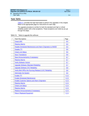 Page 124DEFINITY ECS Release 8.2
Upgrades and Additions for R8.2si  555-233-122  Issue 1
April 2000
Upgrading R7si to R8si 
5-4 Task Table 
5
Ta s k  Ta b l e
Table 5-1 provides the high-level tasks to perform the upgrades in this chapter. 
Refer to the appropriate page for instructions for each step
The upgrade procedure is similar for both the standard and high or critical 
reliability system with a few exceptions. These exceptions are noted as you go 
through the steps.
Table 5-1. Tasks to upgrade the...